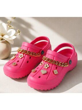 Pink Clog Style Slides Charm Chain Embellished Size 7 NWT
